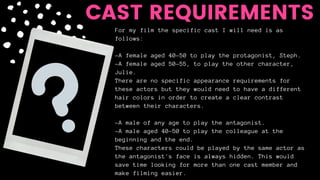 For my film the specific cast I will need is as
follows:
-A female aged 40-50 to play the protagonist, Steph.
-A female aged 50-55, to play the other character,
Julie.
There are no specific appearance requirements for
these actors but they would need to have a different
hair colors in order to create a clear contrast
between their characters.
-A male of any age to play the antagonist.
-A male aged 40-50 to play the colleague at the
beginning and the end.
These characters could be played by the same actor as
the antagonist's face is always hidden. This would
save time looking for more than one cast member and
make filming easier.
CAST REQUIREMENTS
 
