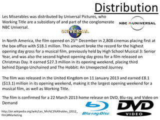 Les Miserables was distributed by Universal Pictures, who
                                                          Distribution
Working Title are a subsidiary of and part of the conglomerate
NBC Universal.


In North America, the film opened on 25th December in 2,808 cinemas placing first at
the box office with $18.1 million. This amount broke the record for the highest
opening day gross for a musical film, previously held by High School Musical 3: Senior
Year, and was also the second highest opening day gross for a film released on
Christmas Day. It earned $27.3 million in its opening weekend, placing third
behind Django Unchained and The Hobbit: An Unexpected Journey.

The film was released in the United Kingdom on 11 January 2013 and earned £8.1
($13.1) million in its opening weekend, making it the largest opening weekend for a
musical film, as well as Working Title.
The film is confirmed for a 22 March 2013 home release on DVD, Blu-ray, and Video on
Demand
http://en.wikipedia.org/wiki/Les_Mis%C3%A9rables_(2012_
film)#Marketing
 