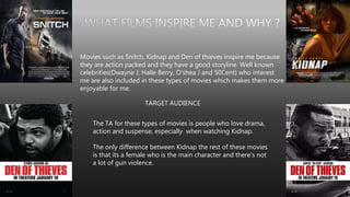 Movies such as Snitch, Kidnap and Den of thieves inspire me because
they are action packed and they have a good storyline. Well known
celebrities(Dwayne J, Halle Berry, O’shea J and 50Cent) who interest
me are also included in these types of movies which makes them more
enjoyable for me.
TARGET AUDIENCE
The TA for these types of movies is people who love drama,
action and suspense, especially when watching Kidnap.
The only difference between Kidnap the rest of these movies
is that its a female who is the main character and there's not
a lot of gun violence.
 