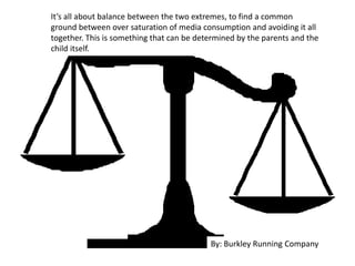 It’s all about balance between the two extremes, to find a common
ground between over saturation of media consumption and avoiding it all
together. This is something that can be determined by the parents and the
child itself.
By: Burkley Running Company
 
