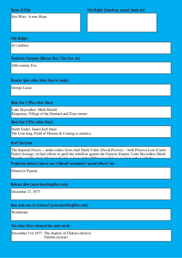 Film Promo Research Sheet Star Wars