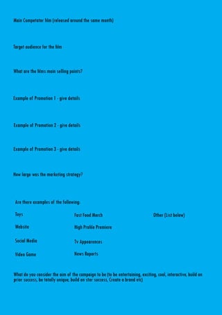 Main Competator film (released around the same month)
Target audience for the film
What are the films main selling points?...