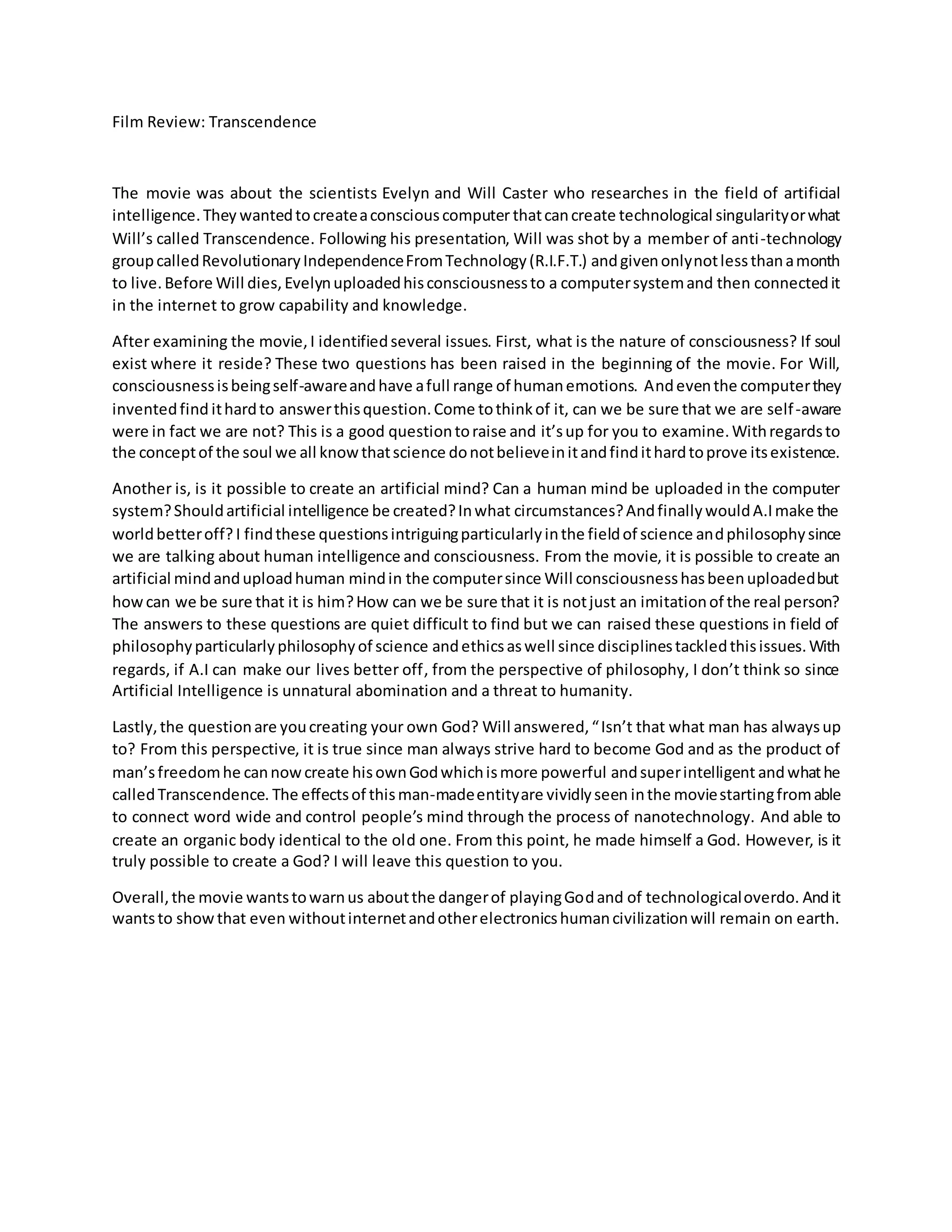 Film review - Transcendence | DOCX