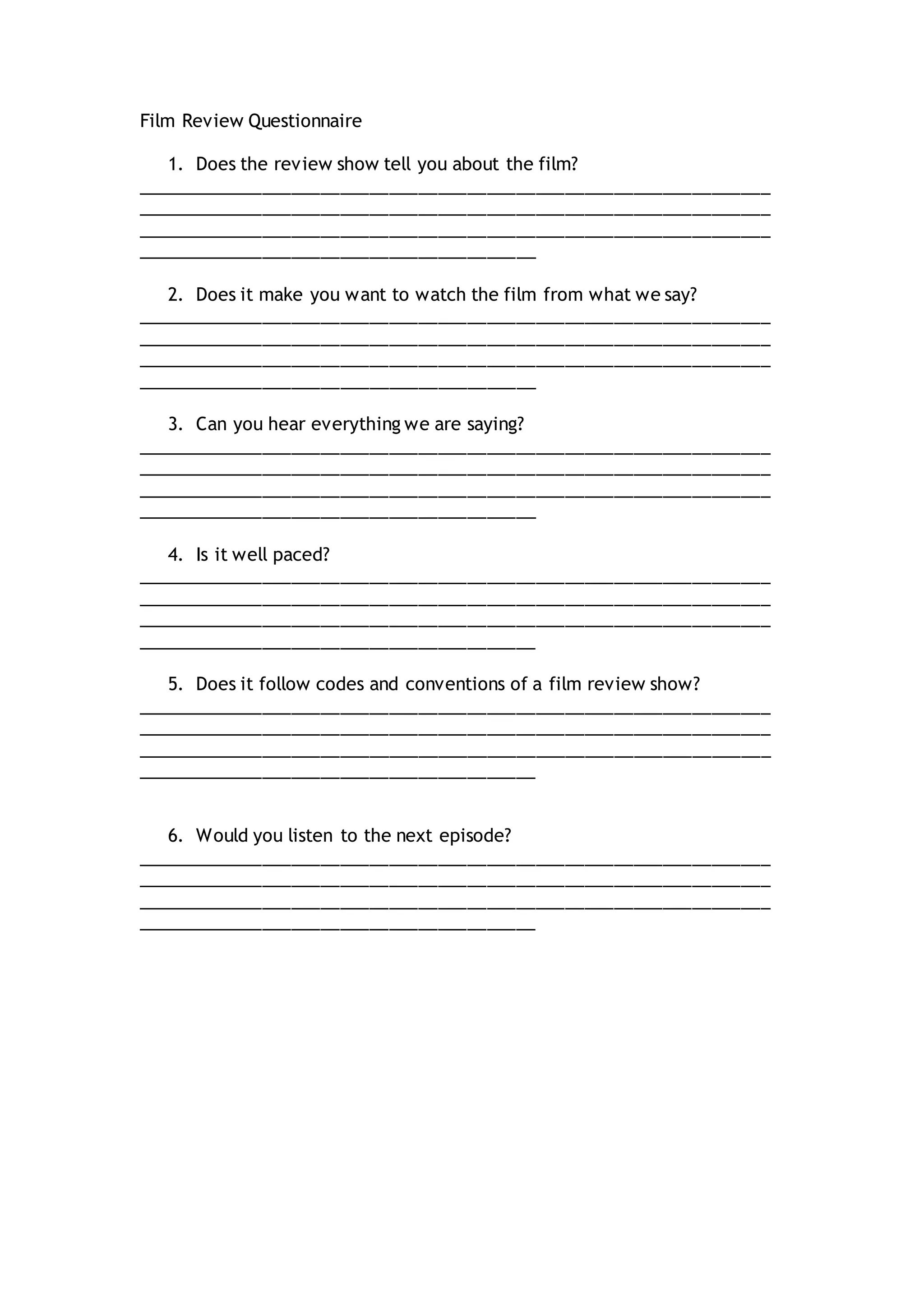 Film review questionnaire | DOCX