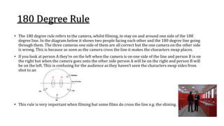 180 Degree Rule
• The 180 degree rule refers to the camera, whilst filming, to stay on and around one side of the 180
degree line. In the diagram below it shows two people facing each other and the 180 degree line going
through them. The three cameras one side of them are all correct but the one camera on the other side
is wrong. This is because as soon as the camera cross the line it makes the characters swap places.
• If you look at person A they’re on the left when the camera is on one side of the line and person B is on
the right but when the camera goes onto the other side person A will be on the right and person B will
be on the left. This is confusing for the audience as they haven’t seen the characters swap sides from
shot to another.
• This rule is very important when filming but some films do cross the line e.g. The Shining.
A B
 