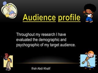 Throughout my research I have
evaluated the demographic and
psychographic of my target audience.

Ifrah Abdi Khalif

 