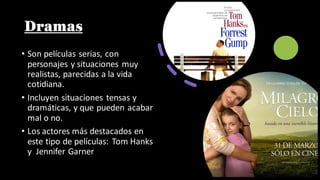 Dramas
• Son películas serias, con
personajes y situaciones muy
realistas, parecidas a la vida
cotidiana.
• Incluyen situaciones tensas y
dramáticas, y que pueden acabar
mal o no.
• Los actores más destacados en
este tipo de películas: Tom Hanks
y Jennifer Garner
 