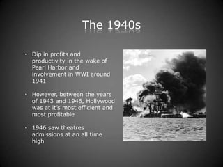 The 1940s

• Dip in profits and
  productivity in the wake of
  Pearl Harbor and
  involvement in WWI around
  1941

• However, between the years
  of 1943 and 1946, Hollywood
  was at it’s most efficient and
  most profitable

• 1946 saw theatres
  admissions at an all time
  high
 