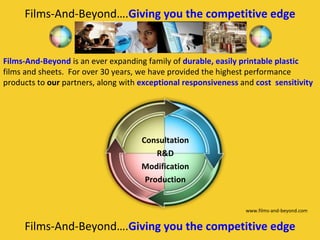 Films-And-Beyond….Giving you the competitive edge


Films-And-Beyond is an ever expanding family of durable, easily printable plastic
films and sheets. For over 30 years, we have provided the highest performance
products to our partners, along with exceptional responsiveness and cost sensitivity




                                     Consultation
                                         R&D
                                     Modification
                                      Production


                                                                 www.films-and-beyond.com


     Films-And-Beyond….Giving you the competitive edge
 