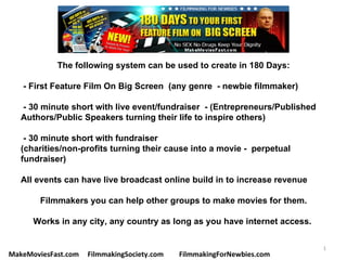 The following system can be used to create in 180 Days:

   - First Feature Film On Big Screen (any genre - newbie filmmaker)

   - 30 minute short with live event/fundraiser - (Entrepreneurs/Published
   Authors/Public Speakers turning their life to inspire others)

    - 30 minute short with fundraiser
   (charities/non-profits turning their cause into a movie - perpetual
   fundraiser)

   All events can have live broadcast online build in to increase revenue

        Filmmakers you can help other groups to make movies for them.

      Works in any city, any country as long as you have internet access.


                                                                             1
MakeMoviesFast.com   FilmmakingSociety.com   FilmmakingForNewbies.com
 