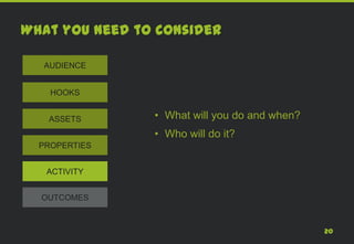 What you need to consider

  AUDIENCE


    HOOKS


   ASSETS       • What will you do and when?
                • Who will do it?
  PROPERTIES


   ACTIVITY


  OUTCOMES



                                               20
 
