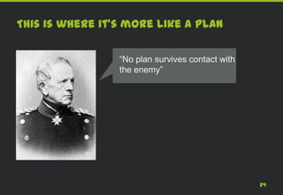This is where it’s more like a plan

                 “No plan survives contact with
                 the enemy”




                                                  24
 