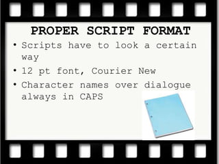 Scripts have to look a certain way12 pt font, Courier NewCharacter names over dialogue always in CAPSPROPER SCRIPT FORMAT