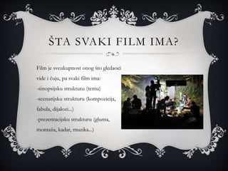 ŠTA SVAKI FILM IMA?
Film je sveukupnost onog što gledaoci
vide i čuju, pa svaki film ima:
-sinopsijsku strukturu (temu)
-scenarijsku strukturu (kompozicija,
fabula, dijalozi...)
-prezentacijsku strukturu (gluma,
montaža, kadar, muzika...)
 