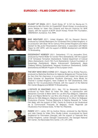 EURODOC - FILMS COMPLETED IN 2011




  PLANET OF SNAIL (2011, South Korea, 87’ & 52’) by Seung-Jun Yi,
  produced by Min-Chul Kim for CreativEAST (South Korea), co-produced by
  Janne Niskala for Vaski Filmi (Finland) and Ken-ichi Imamura for NHK
  (Japan), with the support of BCPF (South Korea), Finnish Film Foundation,
  CINEREACH, Sundance, YLE, NRK.


  BAD W EATHER (2011, United Kingdom, 82’) by Giovanni Giommi,
  produced by Carlotta Mastrojanni for Cornbread Films (United Kingdom), in
  co-production with Brian Hill for Century Films (United Kingdom) and Heino
  Deckert for Ma.Ja.De Filmproduktion (Germany), in association with Martin
  Pieper for ZDF ARTE, with the support of MEDIA development and MEDIA
  TV Brodcasting.

  GOODNIGHT NOBODY (2011, Switzerland, 77’) by Jacqueline Zünd,
  produced by Patrick Müller for Condor Films (Switzerland), with the support
  of SF Schweizer Fernsehen (Switzerland), Federal Department of Cultural
  Affairs (Switzerland), Zurich Film Fund (Switzerland), Cultural Foundation of
  Suissimage (Switzerland), Migros Kulturprozent (Switzerland), Alexis
  Thalberg Stiftung (Switzerland), Aargauer Kuratorium (Switzerland), SUISA
  (Switzerland) and MEDIA Program of the European Union.

  THE BOY WHO WAS A KING (2011, Bulgaria, 88’) by Andrey Paounov,
  produced by Martichka Bozhilova for Agitprop (Bulgaria) and Thomas Kufus
  for Zero One Film (Germany), in co-production with Hubert Von Spreti and
  Sonja Scheider for Bayerischer Rundfunk (Germany), Anna Miralis for
  Channel 4 (United Kingdom), Irene Challand for TSR (Switzerland), Erkki
  Astala for YLE Co-productions (Finland), with the support of the National
  Film Center (Bulgaria) and MEDIA TV Broadcasting.

  L’ESTATE DI GIACOM O (2011, Italy, 78’) by Alessandro Comodin,
  produced by Paolo Benzi for Faber Film (Italy), in coproduction with
  Alessandro Comodin & Marie Géhin for Les films Nus (Belgium), Valérianne
  Boué and Réjane Michel for Les films d’Ici (France), and with Kathleen de
  Béthune for CBA (Belgium), Stéphane Lehembre & Yov Moor for Wallpaper
  Productions (France), Thomas Bertacche & Sabrina Baracetti for Tucker
  Film (Italy), with the support of CNC, Centre du Cinéma et de l’Audiovisuel
  de la Communauté Française de Belgique, Fondo Regionale per
  l'Audiovisivo Friuli Venezia-Giulia, TV-Net-Tel, Périphérie.

  RAM IN (2011, Latvia, 58') by Audrius Stonys, produced by Aija Berzina
  and Uldis Cekulis for Vides Filmu Studija (Latvia), co-produced by David
  Gogilashvili for Filmmakers (Georgia), with the support of Taskovski films
  (United Kingdom), Latvian Georgian Coproduction, the Georgian National
  Film Center, the Nacionalais Kino Center, LTV, LRT, ERR.
 