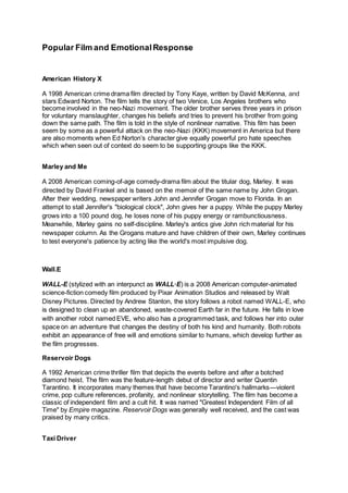 Popular Film and EmotionalResponse
American History X
A 1998 American crime drama film directed by Tony Kaye, written by David McKenna, and
stars Edward Norton. The film tells the story of two Venice, Los Angeles brothers who
become involved in the neo-Nazi movement. The older brother serves three years in prison
for voluntary manslaughter, changes his beliefs and tries to prevent his brother from going
down the same path. The film is told in the style of nonlinear narrative. This film has been
seem by some as a powerful attack on the neo-Nazi (KKK) movement in America but there
are also moments when Ed Norton’s character give equally powerful pro hate speeches
which when seen out of context do seem to be supporting groups like the KKK.
Marley and Me
A 2008 American coming-of-age comedy-drama film about the titular dog, Marley. It was
directed by David Frankel and is based on the memoir of the same name by John Grogan.
After their wedding, newspaper writers John and Jennifer Grogan move to Florida. In an
attempt to stall Jennifer's "biological clock", John gives her a puppy. While the puppy Marley
grows into a 100 pound dog, he loses none of his puppy energy or rambunctiousness.
Meanwhile, Marley gains no self-discipline. Marley's antics give John rich material for his
newspaper column. As the Grogans mature and have children of their own, Marley continues
to test everyone's patience by acting like the world's most impulsive dog.
Wall.E
WALL-E (stylized with an interpunct as WALL·E) is a 2008 American computer-animated
science-fiction comedy film produced by Pixar Animation Studios and released by Walt
Disney Pictures. Directed by Andrew Stanton, the story follows a robot named WALL-E, who
is designed to clean up an abandoned, waste-covered Earth far in the future. He falls in love
with another robot named EVE, who also has a programmed task, and follows her into outer
space on an adventure that changes the destiny of both his kind and humanity. Both robots
exhibit an appearance of free will and emotions similar to humans, which develop further as
the film progresses.
Reservoir Dogs
A 1992 American crime thriller film that depicts the events before and after a botched
diamond heist. The film was the feature-length debut of director and writer Quentin
Tarantino. It incorporates many themes that have become Tarantino's hallmarks—violent
crime, pop culture references, profanity, and nonlinear storytelling. The film has become a
classic of independent film and a cult hit. It was named "Greatest Independent Film of all
Time" by Empire magazine. Reservoir Dogs was generally well received, and the cast was
praised by many critics.
Taxi Driver
 