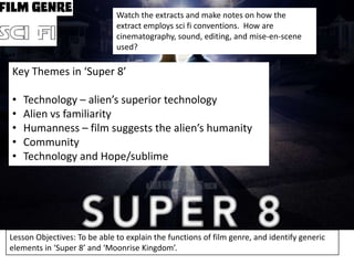 Watch the extracts and make notes on how the
extract employs sci fi conventions. How are
cinematography, sound, editing, and mise-en-scene
used?

Key Themes in ‘Super 8’
•
•
•
•
•

Technology – alien’s superior technology
Alien vs familiarity
Humanness – film suggests the alien’s humanity
Community
Technology and Hope/sublime

Lesson Objectives: To be able to explain the functions of film genre, and identify generic
elements in ‘Super 8’ and ‘Moonrise Kingdom’.

 