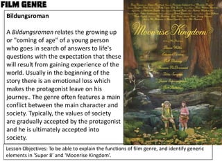Bildungsroman

A Bildungsroman relates the growing up
or "coming of age" of a young person
who goes in search of answers to life's
questions with the expectation that these
will result from gaining experience of the
world. Usually in the beginning of the
story there is an emotional loss which
makes the protagonist leave on his
journey.. The genre often features a main
conflict between the main character and
society. Typically, the values of society
are gradually accepted by the protagonist
and he is ultimately accepted into
society.
Lesson Objectives: To be able to explain the functions of film genre, and identify generic
elements in ‘Super 8’ and ‘Moonrise Kingdom’.

 