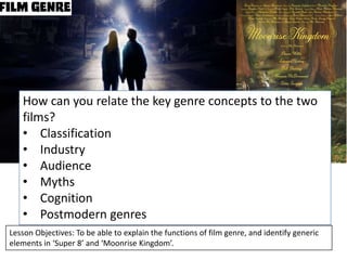 How can you relate the key genre concepts to the two
films?
• Classification
• Industry
• Audience
• Myths
• Cognition
• Postmodern genres
Lesson Objectives: To be able to explain the functions of film genre, and identify generic
elements in ‘Super 8’ and ‘Moonrise Kingdom’.

 