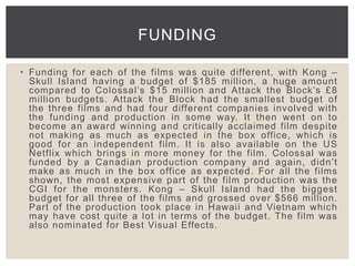 • Funding for each of the films was quite different, with Kong –
Skull Island having a budget of $185 million, a huge amount
compared to Colossal’s $15 million and Attack the Block’s £8
million budgets. Attack the Block had the smallest budget of
the three films and had four different companies involved with
the funding and production in some way. It then went on to
become an award winning and critically acclaimed film despite
not making as much as expected in the box office, which is
good for an independent film. It is also available on the US
Netflix which brings in more money for the film. Colossal was
funded by a Canadian production company and again, didn’t
make as much in the box office as expected. For all the films
shown, the most expensive part of the film production was the
CGI for the monsters. Kong – Skull Island had the biggest
budget for all three of the films and grossed over $566 million.
Part of the production took place in Hawaii and Vietnam which
may have cost quite a lot in terms of the budget. The film was
also nominated for Best Visual Effects.
FUNDING
 