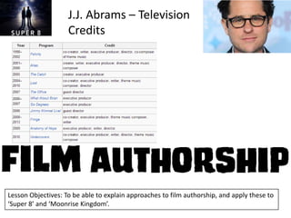 J.J. Abrams – Television
Credits

Lesson Objectives: To be able to explain approaches to film authorship, and apply these to
‘Super 8’ and ‘Moonrise Kingdom’.

 