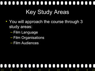 Key Study Areas You will approach the course through 3 study areas: Film Language Film Organisations Film Audiences 