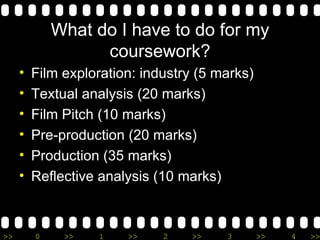 What do I have to do for my coursework? Film exploration: industry (5 marks) Textual analysis (20 marks) Film Pitch (10 marks) Pre-production (20 marks) Production (35 marks) Reflective analysis (10 marks) 