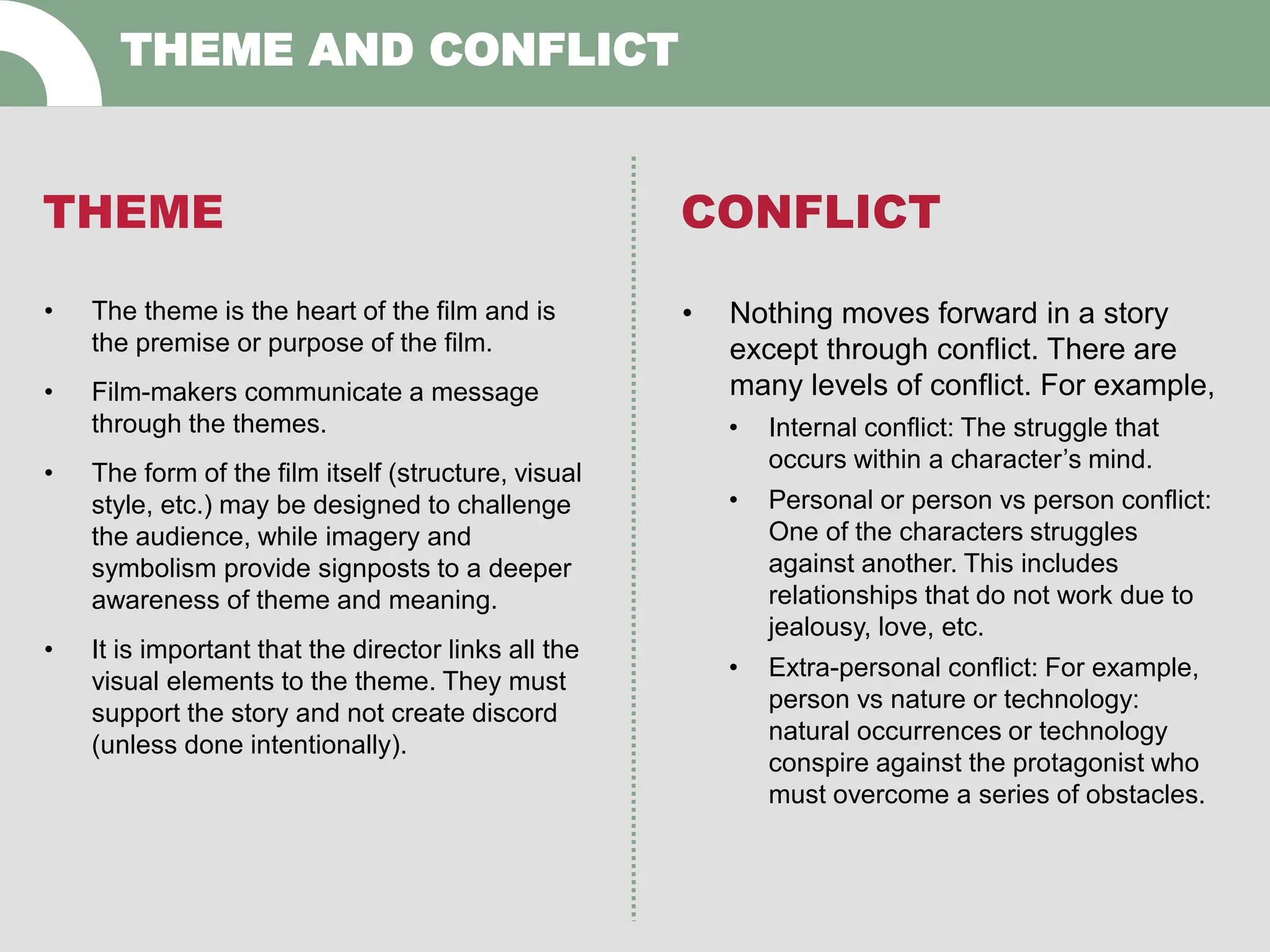 THEME
• The theme is the heart of the film and is
the premise or purpose of the film.
• Film-makers communicate a message
through the themes.
• The form of the film itself (structure, visual
style, etc.) may be designed to challenge
the audience, while imagery and
symbolism provide signposts to a deeper
awareness of theme and meaning.
• It is important that the director links all the
visual elements to the theme. They must
support the story and not create discord
(unless done intentionally).
CONFLICT
• Nothing moves forward in a story
except through conflict. There are
many levels of conflict. For example,
• Internal conflict: The struggle that
occurs within a character’s mind.
• Personal or person vs person conflict:
One of the characters struggles
against another. This includes
relationships that do not work due to
jealousy, love, etc.
• Extra-personal conflict: For example,
person vs nature or technology:
natural occurrences or technology
conspire against the protagonist who
must overcome a series of obstacles.
THEME AND CONFLICT
 