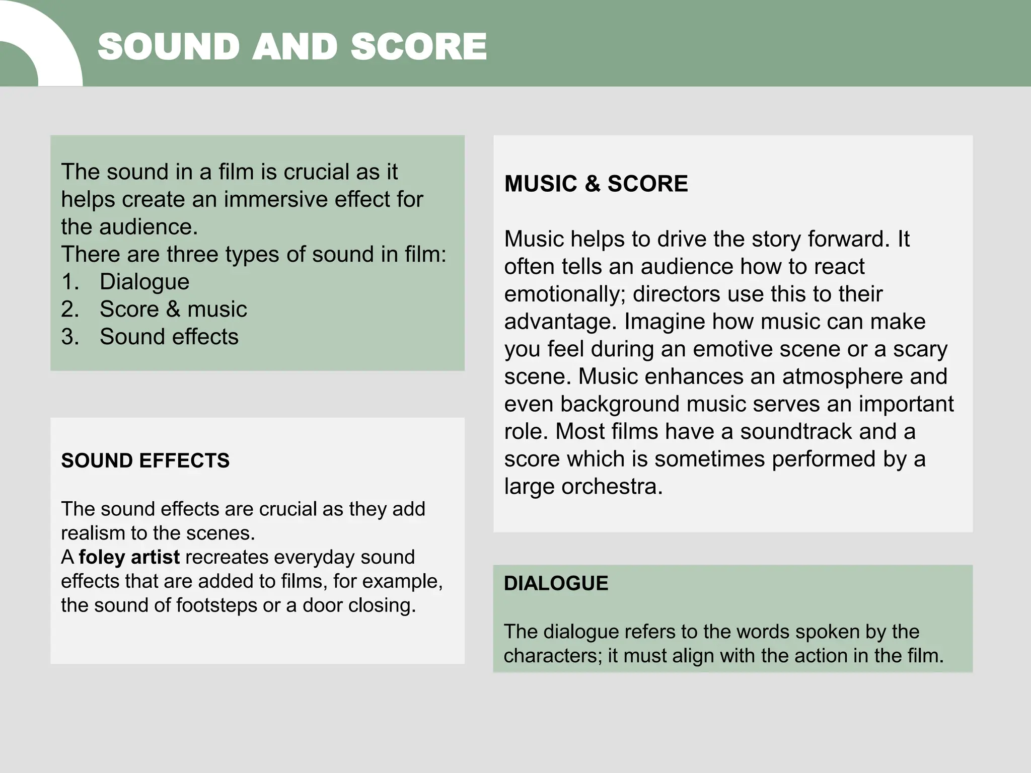 SOUND AND SCORE
MUSIC & SCORE
Music helps to drive the story forward. It
often tells an audience how to react
emotionally; directors use this to their
advantage. Imagine how music can make
you feel during an emotive scene or a scary
scene. Music enhances an atmosphere and
even background music serves an important
role. Most films have a soundtrack and a
score which is sometimes performed by a
large orchestra.
The sound in a film is crucial as it
helps create an immersive effect for
the audience.
There are three types of sound in film:
1. Dialogue
2. Score & music
3. Sound effects
SOUND EFFECTS
The sound effects are crucial as they add
realism to the scenes.
A foley artist recreates everyday sound
effects that are added to films, for example,
the sound of footsteps or a door closing.
DIALOGUE
The dialogue refers to the words spoken by the
characters; it must align with the action in the film.
 