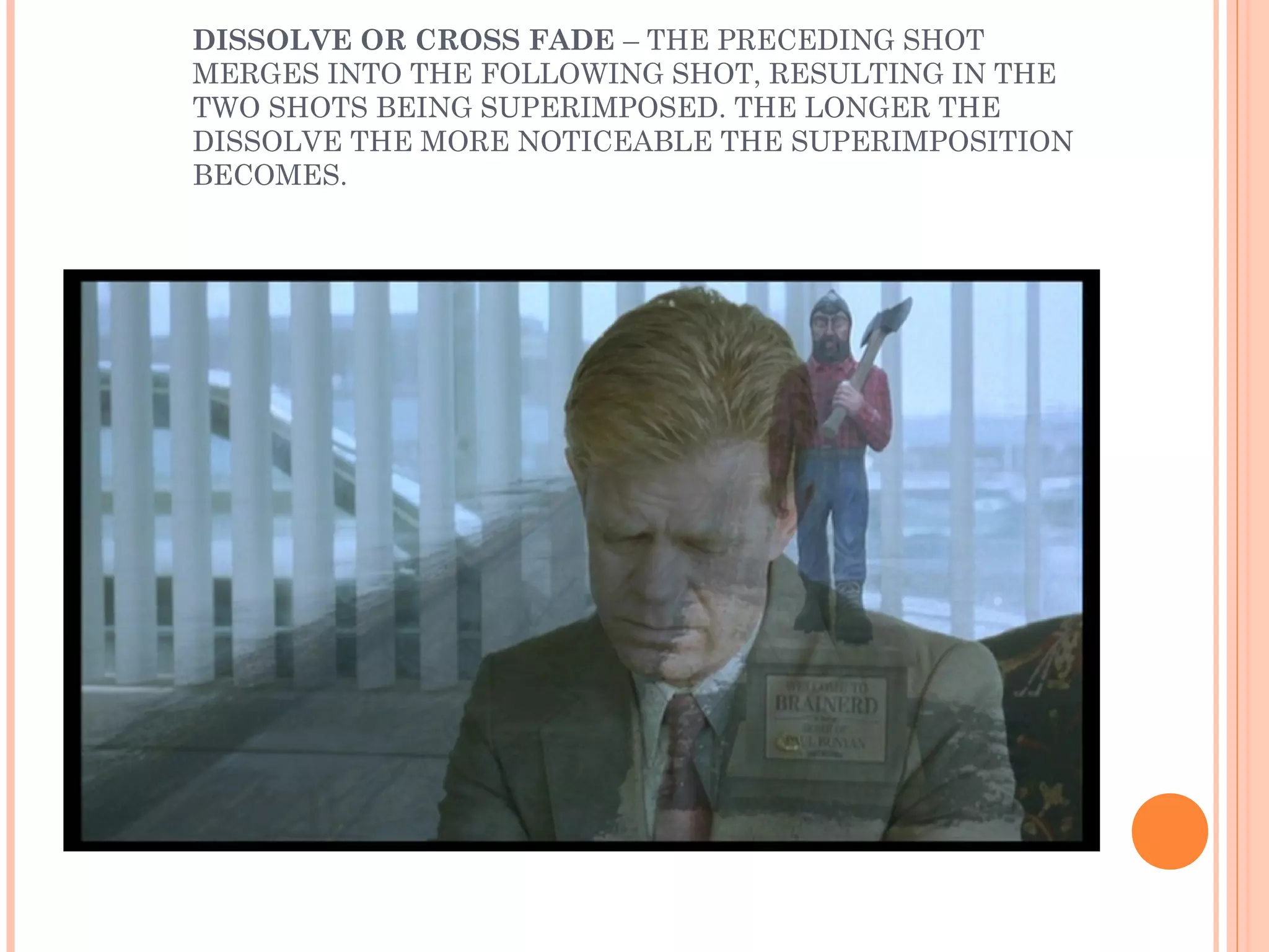 DISSOLVE OR CROSS FADE – THE PRECEDING SHOT 
MERGES INTO THE FOLLOWING SHOT, RESULTING IN THE 
TWO SHOTS BEING SUPERIMPOSED. THE LONGER THE 
DISSOLVE THE MORE NOTICEABLE THE SUPERIMPOSITION 
BECOMES. 
 