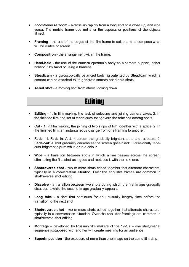 Film terms glossary as
