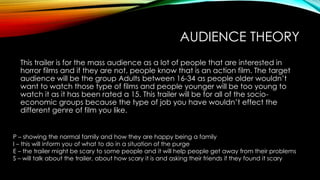 AUDIENCE THEORY
This trailer is for the mass audience as a lot of people that are interested in
horror films and if they are not, people know that is an action film. The target
audience will be the group Adults between 16-34 as people older wouldn’t
want to watch those type of films and people younger will be too young to
watch it as it has been rated a 15. This trailer will be for all of the socio-
economic groups because the type of job you have wouldn’t effect the
different genre of film you like.
P – showing the normal family and how they are happy being a family
I – this will inform you of what to do in a situation of the purge
E – the trailer might be scary to some people and it will help people get away from their problems
S – will talk about the trailer, about how scary it is and asking their friends if they found it scary
 