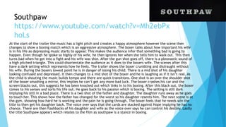 Southpaw
https://www.youtube.com/watch?v=Mh2ebPx
hoLs
At the start of the trailer the music has a light pitch and creates a happy atmosphere however the scene then
changes to show a boxing match which is an aggressive atmosphere. The boxer talks about how important his wife
is in his life as depressing music starts to appear. This makes the audience infer that something bad is going to
happen. Even though he spoke so highly of his wife, he then ignores her when she tells him to walk out. This then
turns bad when he got into a fight and his wife was shot. After the gun shot goes off, there is a pleonastic sound of
a high pitched triangle. This could disorientate the audience as it does to the boxers wife. The scenes after this
have a dark setting which represents how he feels. The trailer shows the boxer crumbling and distraught without
his wife. During the boxers lowest point he is in danger of losing his child. There is a mid shot of his daughter
looking confused and depressed. It then changes to a mid shot of the boxer and he is laughing as if it isn’t real. As
the child is shouting the music builds tempo and there are quick transitions. One shot is an over the shoulder shot
of the boxer smashing a mirror, this implies he can’t get any more bad luck. The boxer crashes his car and the
screen blacks out, this suggests he has been knocked out which links in to his boxing. After this black out, the boxer
comes to his senses and sorts his life out. He goes back to his passion which is boxing. The setting is still dark
implying his still in a bad place. There is a two shot of the father and daughter. The daughter runs away as he goes
to touch her. This shows how the father has changed for the worst so his daughter resents him. The next scene is at
the gym, showing how hard he is working and the pain he is going through. The boxer feels that he needs win the
title to then get his daughter back. The voice over says that the cards are stacked against Hope implying he has no
chance. There are then flashbacks of his daughter and wife as the voice over says he can control his destiny. Lastly
the title Southpaw appears which relates to the film as southpaw is a stance in boxing.
 