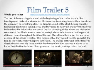 Film Trailer 5Would you rather http://www.youtube.com/watch?v=it5XICr93wU
The use of the non diegetic sound at the beginning of the trailer sounds like
footsteps and makes the viewer feel like someone is running to save their lives from
the unknown or something else. The diegetic sound of the clock ticking could be
foretelling that time is ticking away and they need to hurry up and save themselves
before they die. I think that the use of the fast changing slides allows the viewer to
see more of the film in several non chronological events but events that happen at
different times throughout the film all in one. This allows the viewer too see more
as more of the film is revealed. This meaning that they would want to go watch the
film to see what actually happens in the end. The change at the end of the trailer to
classical music actually links in with the theme of the film because it allows us to
know that the film is almost like a game and the music portrays this at the end.
 