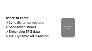 More to come
> Sync digital campaigns
> Sponsored shows
> Enhancing EPG data
> DAI Dynamic Ad Insertion
Live Demo
Advote
 