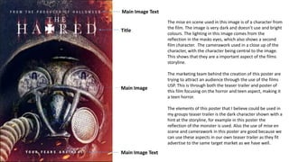 Main Image Text
Title
Main Image
Main Image Text
The mise en scene used in this image is of a character from
the film. The image is very dark and doesn’t use and bright
colours. The lighting in this image comes from the
reflection in the masks eyes, which also shows a second
film character. The camerawork used in a close up of the
character, with the character being central to the image.
This shows that they are a important aspect of the films
storyline.
The marketing team behind the creation of this poster are
trying to attract an audience through the use of the films
USP. This is through both the teaser trailer and poster of
this film focusing on the horror and teen aspect, making it
a teen horror.
The elements of this poster that I believe could be used in
my groups teaser trailer is the dark character shown with a
hint at the storyline, for example in this poster the
reflection of the monster is used. Also the use of mise en
scene and camerawork in this poster are good because we
can use these aspects in our own teaser trailer as they fit
advertise to the same target market as we have well.
 