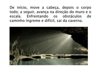 De início, move a cabeça, depois o corpo todo; a seguir, avança na direção do muro e o escala. Enfrentando os obstáculos de caminho íngreme e difícil, sai da caverna. 