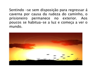 Sentindo –se sem disposição para regressar á caverna por causa da rudeza do caminho, o prisioneiro permanece no exterior. Aos poucos se habitua-se a luz e começa a ver o mundo.  
