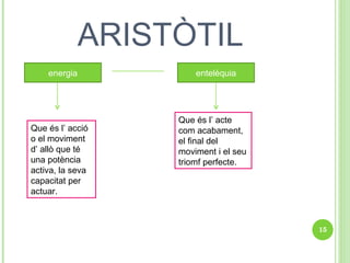 ARISTÒTIL energia entelèquia Que és l’ acció o el moviment d’ allò que té una potència activa, la seva capacitat per actuar. Que és l’ acte com acabament, el final del moviment i el seu triomf perfecte.  