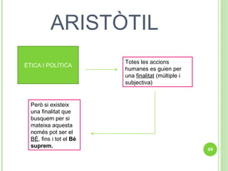 ARISTÒTIL ÈTICA I POLÍTICA Totes les accions humanes es guien per una  finalitat  (múltiple i subjectiva) Però si existeix una finalitat que busquem per si mateixa aquesta només pot ser el  BÉ , fins i tot el  Bé suprem. 
