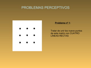 PROBLEMAS PERCEPTIVOS Problema nº 1 : Tratar de unir los nueve puntos de esta matriz con CUATRO LÍNEAS RECTAS  