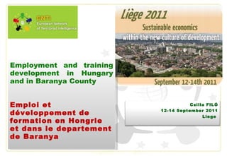 E mployment and training development in  Hungary and in Baranya County Emploi et développement de formation en Hongrie et dans le  departement  de Baranya Csilla FILÓ 12-14 September 2011 Liege  