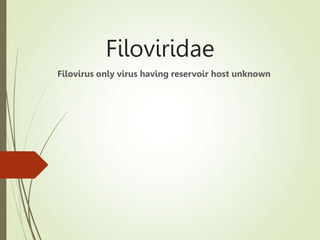 Filoviridae
Filovirus only virus having reservoir host unknown
 