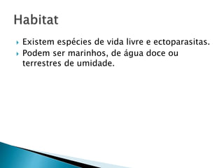  Existem espécies de vida livre e ectoparasitas.
 Podem ser marinhos, de água doce ou
terrestres de umidade.
 