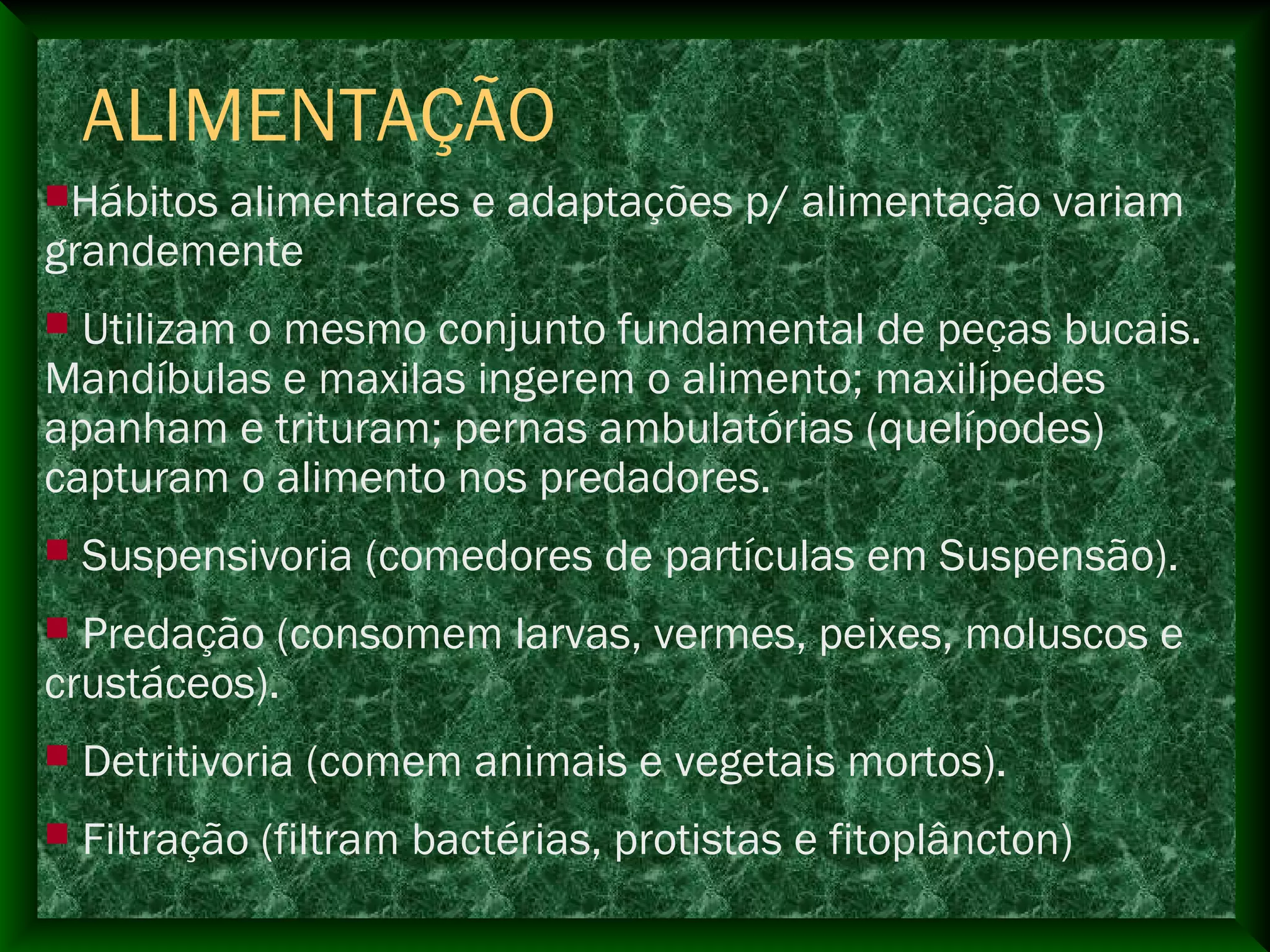 Hábitos alimentares e adaptações p/ alimentação variam
grandemente
 Utilizam o mesmo conjunto fundamental de peças bucais.
Mandíbulas e maxilas ingerem o alimento; maxilípedes
apanham e trituram; pernas ambulatórias (quelípodes)
capturam o alimento nos predadores.
 Suspensivoria (comedores de partículas em Suspensão).
 Predação (consomem larvas, vermes, peixes, moluscos e
crustáceos).
 Detritivoria (comem animais e vegetais mortos).
 Filtração (filtram bactérias, protistas e fitoplâncton)
ALIMENTAÇÃO
 