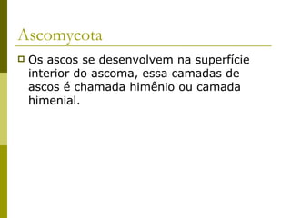 Ascomycota
   Os ascos se desenvolvem na superfície
    interior do ascoma, essa camadas de
    ascos é chamada himênio ou camada
    himenial.
 