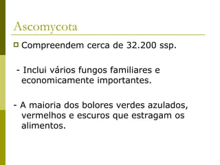 Ascomycota
   Compreendem cerca de 32.200 ssp.

- Inclui vários fungos familiares e
 economicamente importantes.

- A maioria dos bolores verdes azulados,
  vermelhos e escuros que estragam os
  alimentos.
 