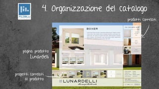 4. Organizzazione del catalogo
                                        prodotti correlati




    pagina prodotto
         Lunardelli


progetti correlati
      al prodotto
 