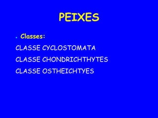 ● Classes:
CLASSE CYCLOSTOMATA
CLASSE CHONDRICHTHYTES
CLASSE OSTHEICHTYES
PEIXES
 