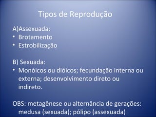 Tipos de Reprodução Assexuada: Brotamento Estrobilização B) Sexuada: Monóicos ou dióicos; fecundação interna ou externa; desenvolvimento direto ou indireto. OBS: metagênese ou alternância de gerações: medusa (sexuada); pólipo (assexuada) 